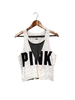 Victorias‎ Secret Pink Racerback Tank Top M White Black Mesh Lettering